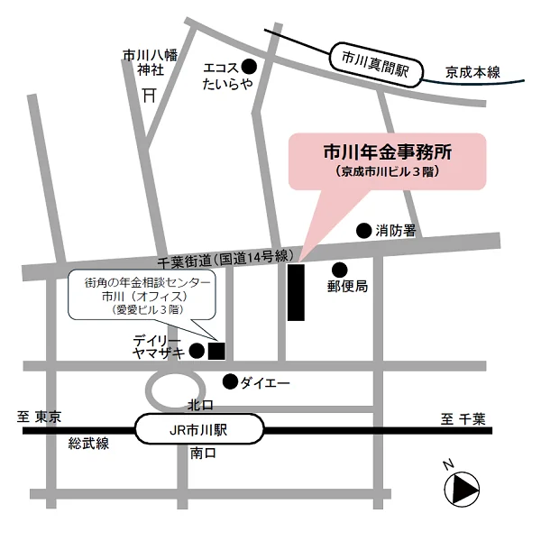 市川年金事務所（千葉県市川市市川1-3-18 京成市川ビル 3階（市川グランドホテル同ビル））の案内図