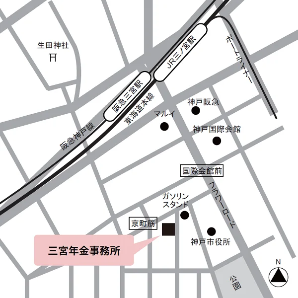 三宮年金事務所（兵庫県神戸市中央区江戸町93 栄光ビル3・4階）の案内図