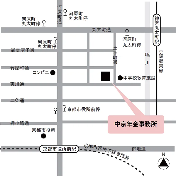 中京年金事務所（京都府京都市中京区土手町通竹屋町下ル鉾田町287）の案内図