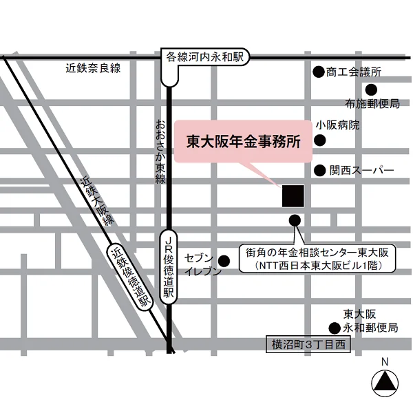 東大阪年金事務所（大阪府東大阪市永和1-15-14）の案内図