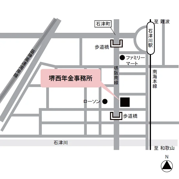 堺西年金事務所（大阪府堺市西区浜寺石津町西4-2-18）の案内図
